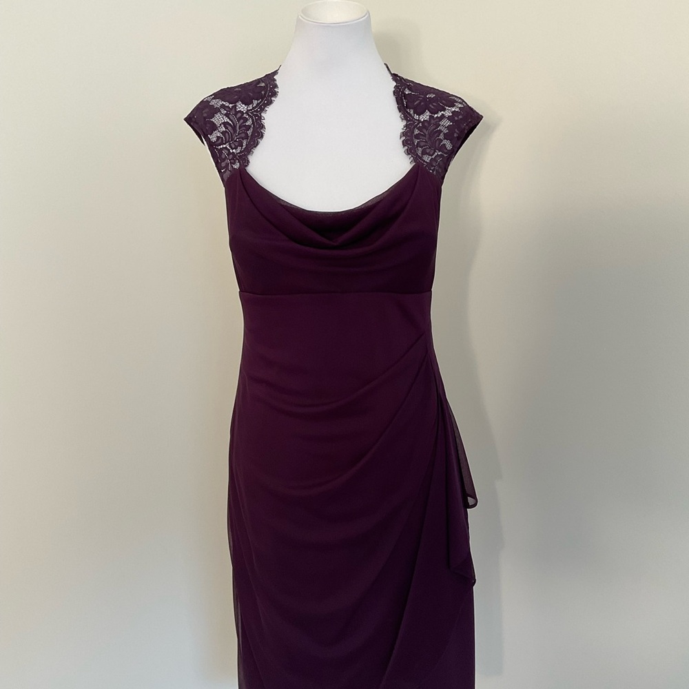 Xscape By Joanna Chen Deep Purple Lace Shoulder Evening Dress